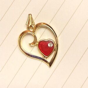 Gold Tone and Red Enameled Double Heart Pendant and Small Crystal Accent 1”